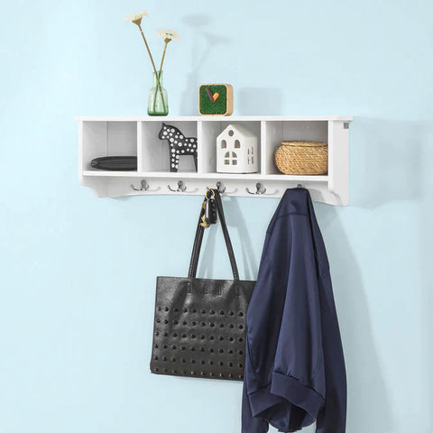Rootz White Wall Display Storage Unit with 4 Components 5 Hooks - Wall Coat Rack Bathroom Kitchen Cupboard