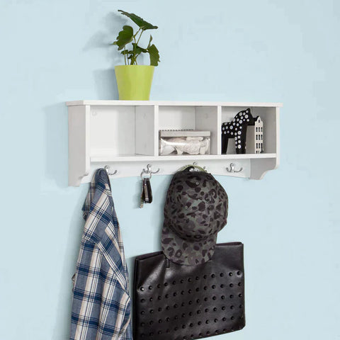 Rootz White Wall Display Storage Unit with 3 Components 4 Hooks-Wall Coat Rack Bathroom Kitchen Cupboard
