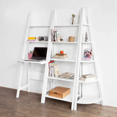 Rootz – Aufbewahrungsregal aus weißem Holz, Leiterregal mit Schreibtisch und 2 Regalen – 64 x 39 x 180 cm