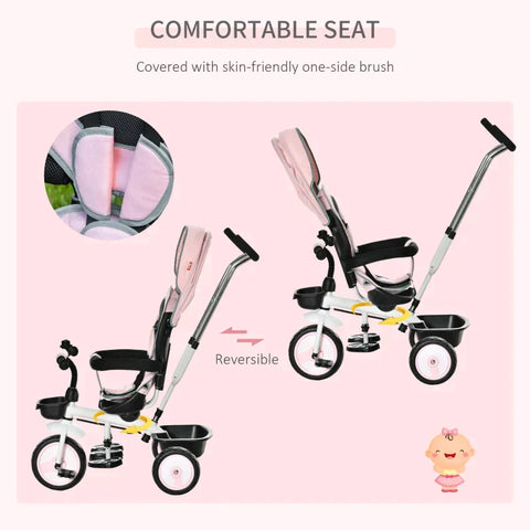 Rootz 2 In 1 Children's Tricycle - Jogger With Steering System - Rod Basket - Sun Canopy - Velvet Touch - Pink - 100 x 48 x 106 cm