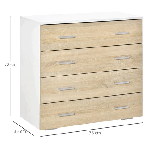 Rootz Drawer Cabinet -  Bathroom Cabinet - Chest Of Drawers With 4 Drawers - Bedroom - Living Room - White/Oak - 76 x 35 x 72 cm