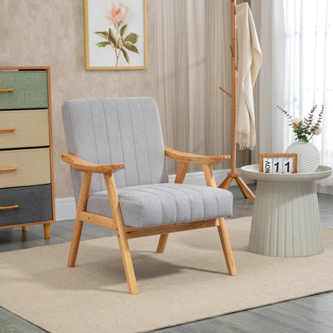 Rootz Armchair In Scandi Design - Velvet Look - Solid Wood - Upholstered Chair - Natural + Gray - 68cm x 74cm x 82cm