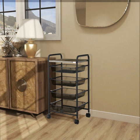 Rootz Serving Trolley - 4 Compartments - 1 Table Top - 4 Wheels With 2 Brakes - Steel Frame - Black - 41.5 x 31 x 66 cm