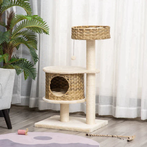 Rootz Scratching Post - Cat Tree - Climbing Tree With Cat Cave - Sisal Posts - Play Balls - Cat Furniture - Nature/Beige - 55 x 47 x 95 cm