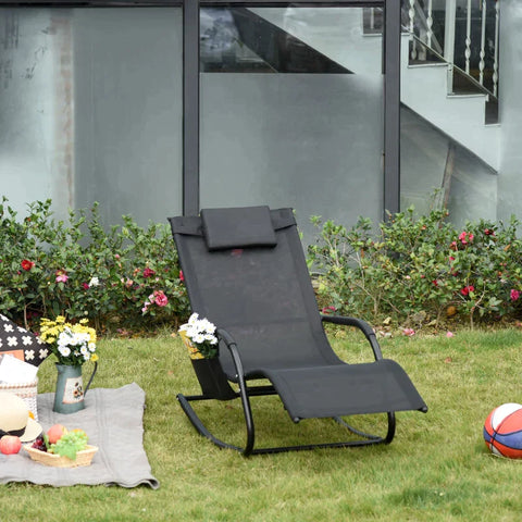 Rootz Rocking Chair - Sun Lounger - Garden Lounger - Beach Lounger - Black - 150cm x 62cm x 88cm
