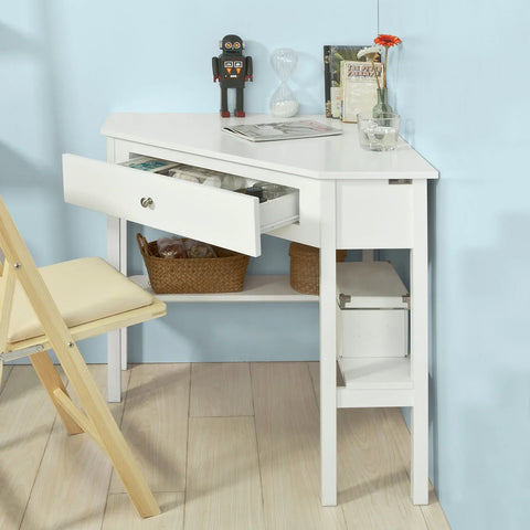 Rootz- White Corner Desk- Triangle Table Desk with Drawer- Home Office Desk Computer Desk Workstation
