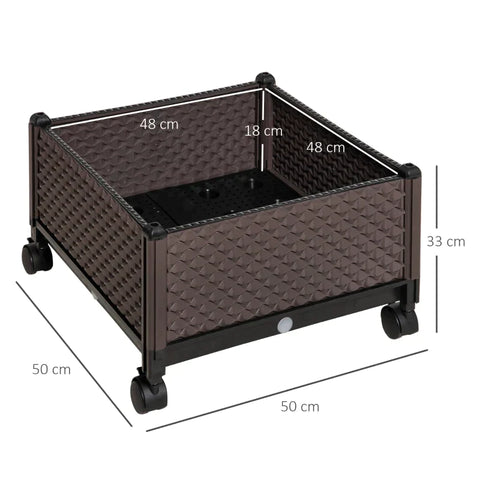 Rootz Verhoogd Bed - 2-delig Verhoogd Bed Met Wielen - Plantenbak Met Afwateringsgaten - Bloembak - Bloempot - Kunststof - Bruin - 50 x 50 x 33 cm