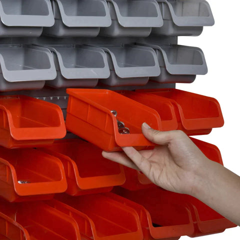 Rootz Pegboard - Perforated Tool Set - Wall Shelf - 44 Pieces Tool Board - Wall Holder Tool - Stackable Containers - Grey/Red - 63.5 x 22.5 x 95.5 cm