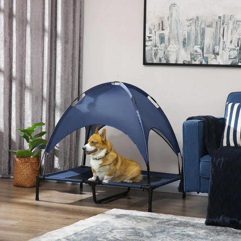 Rootz Dog Bed - Canopy Outdoor - Stylish Pet Bed - Breathable Mesh Fabric - Folding Raised Stand - Lightweight Metal Frame - Blue + Black - L92 x W76 x H90 cm