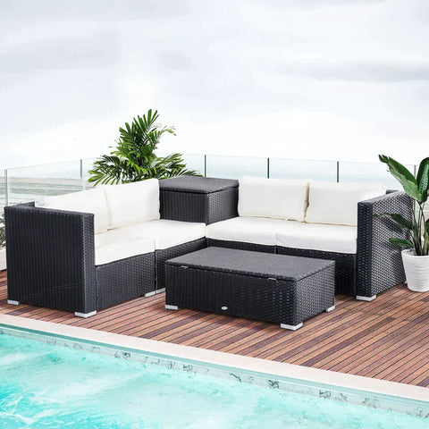 Rootz 6-piece Polyrattan Garden Furniture Set - Seating Set With Cushions - Garden Set - Sofa Set - Lounge Table With Storage Space - Steel - Luxury - Black/cream - 70L x 70W x 66H cm