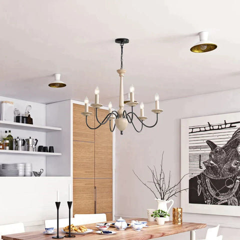 Rootz Chandelier - Hanging Lamp - 6 Lights - Pendant Light - Pendant Light With Glass - Steel - Black/Wood - 60 x 60 x 105 cm