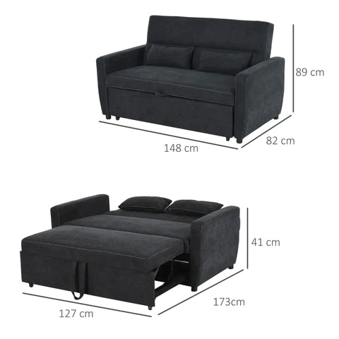 Rootz Sofa Bed - Folding Sofa - 2-seater Fabric Sofa - Sofa With Sleeping Function - Adjustable Angle - Black - 148 x 82 x 89 cm