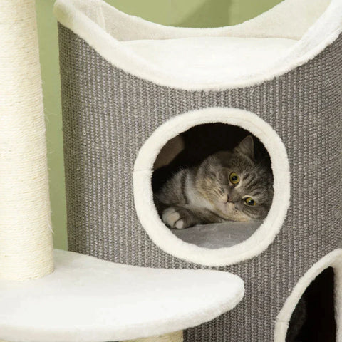 Rootz Scratching Post - Cat Tree - Scratcher - With Cat Bed & Scratcher Barrel - For Cats - Gray/Natural/White - 60cm x 44.5cm x 109cm