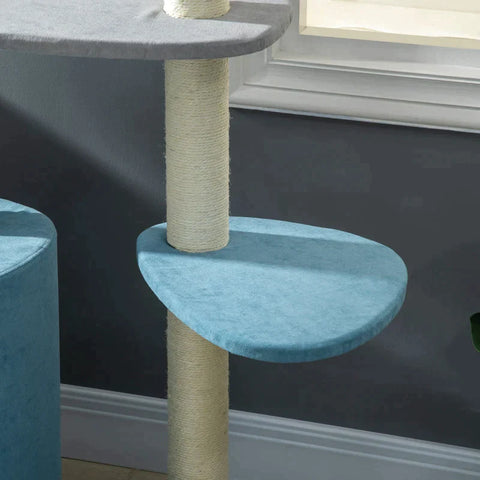 Rootz Scratching Post - Cat Tree - Cat House - With Scratching Barrel - And Scratching Ball - Blue/Gray/Yellow - 87 cm x 60 cm x 122 cm