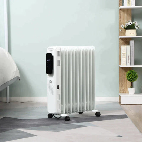 Rootz Oil Radiator - Portable Electric Radiator - 3 Heating Levels - 24-hour Timing Electric Heating - 11 Heating Plates With 4 Rollers - White - 50.5 x 24 x 63 cm