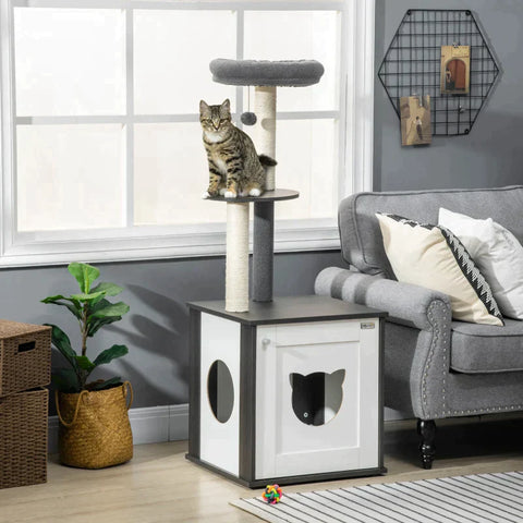 Rootz Scratching Post - Cat House - Litter Box - With Lying Cushion - 2 Platforms - Toy Ball - Dark Grey - 49 x 46 x 131.5cm
