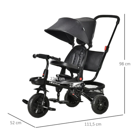 Rootz Tricycle - 4-in-1 Children's Tricycle - Children's Bike - Tricycle With Push Rod Rotating Seat - Foldable Removable Children's Car - Black - 111.5 x 52 x 98 cm
