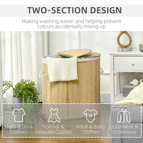 Rootz Wasmand - Bamboe Wasmand Met Deksel - Wasbank - Wasmand Met 2 Vakken - Uitneembare Wasbare Voering - Naturel + Wit - 62,5 cm x 37 cm x 60,5 cm