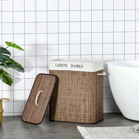Rootz Wasmand - Wasmand met 3 Handvatten - Wasbare Waszak - Uitneembare Bamboe - Polyester Katoen - Bruin/Wit - 52 x 32 x 63 cm