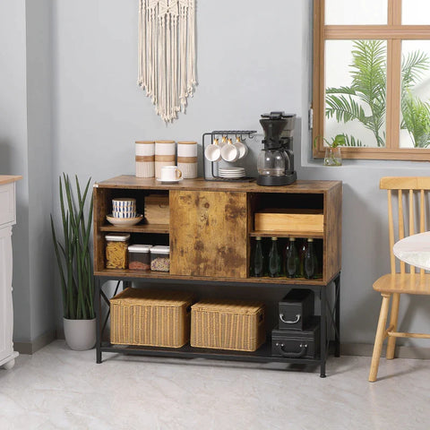Rootz Sideboard In Industrial Design - 5 Shelves - 1 Cabinet - Buffet - Kitchen Cabinet - Black + Brown - 112cm x 40cm x 85cm