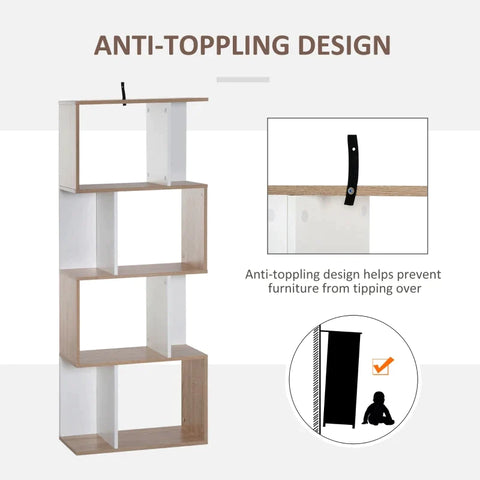 Rootz Bookshelf - Four-Tier S-shaped bookshelf - White & Oak Tone - 60W x 24D x 148H cm