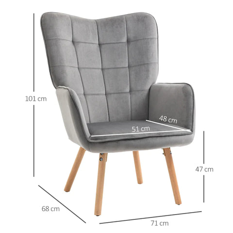 Rootz Armchair In Retro Design - Reading Chair - Velvet Look - Gray - 71cm x 76cm x 101cm