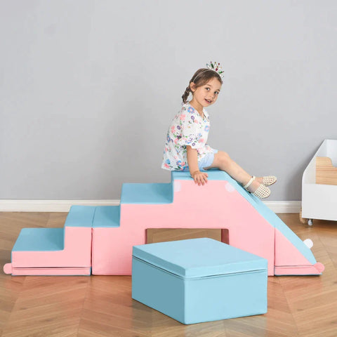 Rootz Building Block - Set of 2 Building Blocks - Table and Chair Set - Slide Reconfigurable Design - Building Toys - Foam - Blocks for 12-36 Months Children - Faux Leather - EPE Pink + Blue - 147/86 x 49 x 47 cm