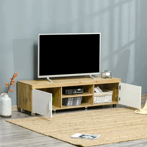 Rootz TV Stand - Lowboard - 2 Cabinets - 2 Shelves - MDF - White + Natural - 140 cm × 40 cm × 41.5 cm