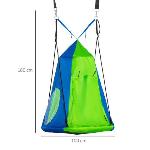 Rootz Kids Swing Hammock - Children's Swing - Nest Swing - With Tent - Round Swing - Garden Swing - With Door And Window - Metal Pipe/PE/Oxford Cloth/Polyester - Green/Blue