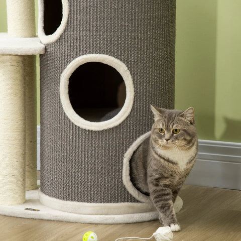 Rootz Scratching Post - Cat Tree - Scratcher - With Cat Bed & Scratcher Barrel - For Cats - Gray/Natural/White - 60cm x 44.5cm x 109cm