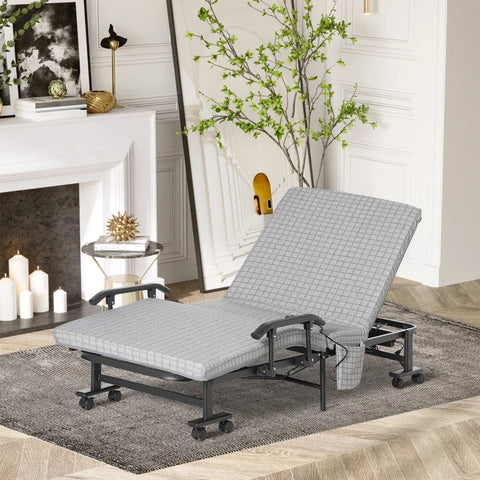 Rootz Folding Bed - Guest Bed - Reclining Backrest & Footrest With Remote Control - Grey + Black - 190 x 76 x 33 cm