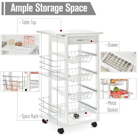 Rootz Kitchen Cabinet - Kitchen Trolley - Serving Trolley - 5 Levels - With Drawer - Kitchen Trolley Shelf - White - 47 x 37 x 83 cm
