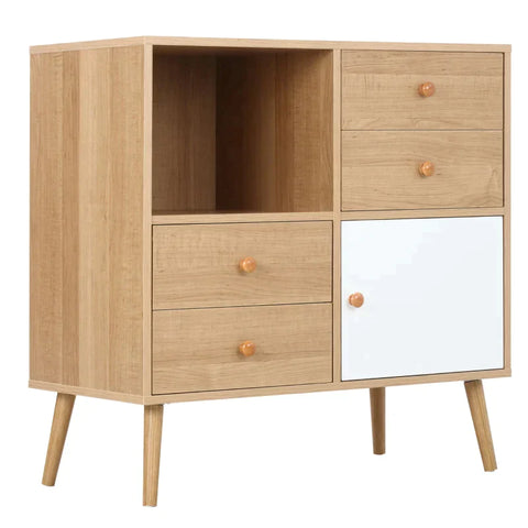 Rootz Sideboard - Free-standing Cabinet - Scandi Style Wardrobe - 4 Drawers And 2 Shelves - Kitchen - Bedroom - Living Room - Entryway - Natural + White - 80cm x 39cm x 80cm