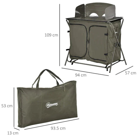 Rootz Camping Cupboard - Foldable Camping Kitchen Storage - Carrying Bag - 6 Shelves for BBQ Party - Steel - Oxford Fabric - Green - 57 x 94 x 109 cm