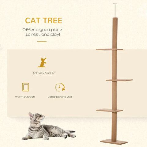 Rootz Scratching Post - Cat Tree - Cat Play Tree - Climbing Tree - Height Adjustable - Light Brown - 43 x 27 x 228-260 cm