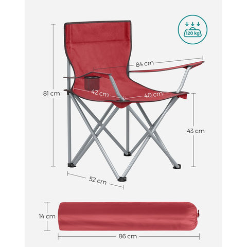 Rootz Camping Chair - Folding Camping Chair - Set Of 2 Camping Chairs - Portable Camping Chair - Lightweight Camping Chair - Outdoor Chair - Red - 84 x 52 x 81 cm