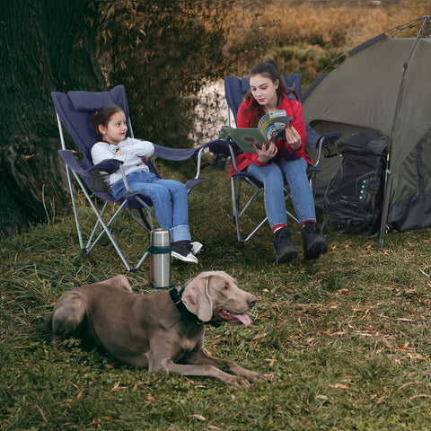 Rootz Campingstuhl – Klappbarer Campingstuhl – Tragbarer Campingstuhl – Leichter Campingstuhl – Outdoor-Stuhl – Mit Armlehnen – Dunkelblau – 81 x 70 x 91 cm