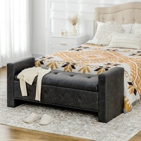 Rootz Bench - Elegant Design - With Storage Space - Elegant Imitation Leather Cover - Soft-close Hinges - Dark Grey - 139 x 49 x 68cm