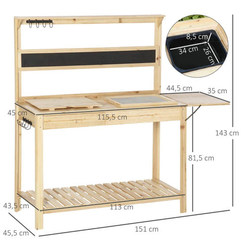 Rootz Planting Table - Gardening Table With 8 Hooks Drawer Shelf - Flower Table - Garden - Patio - Natural - 151 x 45.5 x 143 cm