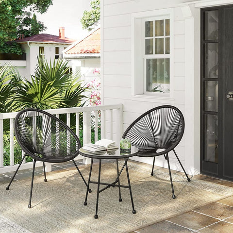 Rootz Garden Chairs With Table - Set Of 3 - Balcony Furniture - 2 Chairs - Simple Elegance - Ergonomic Design - Powder-coated Steel - Tempered Glass - Black