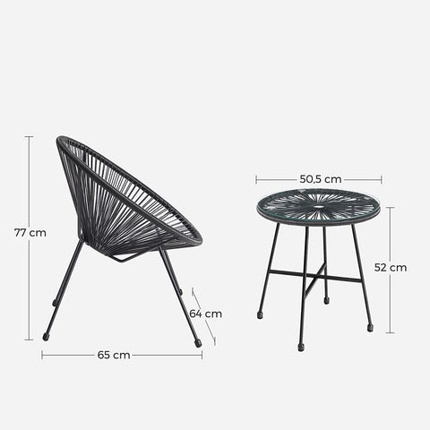 Rootz Garden Chairs With Table - Set Of 3 - Balcony Furniture - 2 Chairs - Simple Elegance - Ergonomic Design - Powder-coated Steel - Tempered Glass - Black