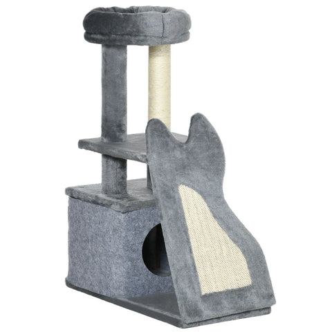 Rootz Scratching Post - One House - Two Platforms - Toy Ball - Sisal - Grey+cream White - 60 x 30 x 83cm