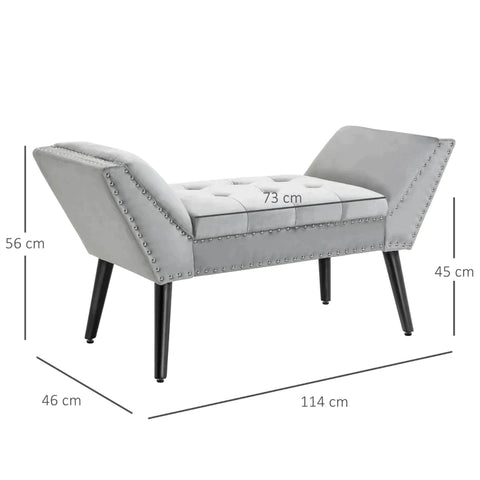 Rootz Upholstered Bench - Bench Seat - Modern Bed Bench With Buttons Rubber Wood - Velvety - Touch Light - Grey - 114 x 46 x 56 cm