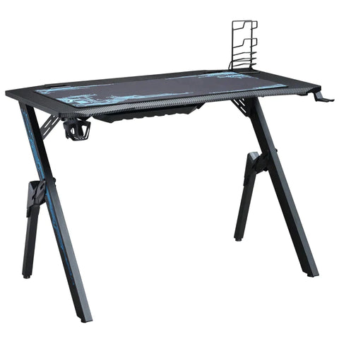 Rootz Gaming Table - Bureau met Koptelefoonhaak - Bekerhouder - R-vormig Computerbureau - Metaal - Zwart/Blauw - 110 x 59 x 75 cm