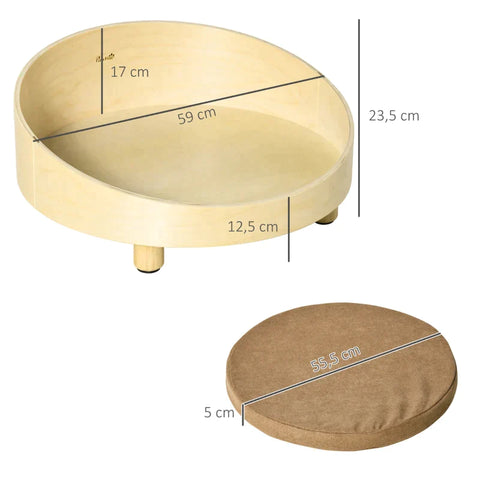 Rootz Pet Bed - Raised Dog Bed - Dog Bed - With Cushion - Round Pet Bed - Dog Sleeping Place - Natural/Light Brown - Ø59 x 23.5 cm
