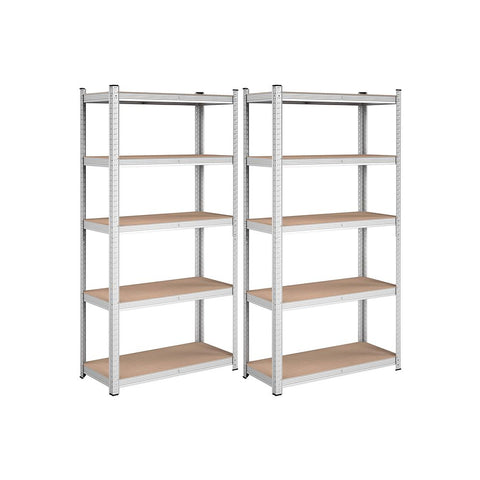 Rootz Storage Rack - Set Of 2 Storage Rack - Standing Shelf - Metal Shelf - 5 Shelves Storage Rack - Free-Standing Shelving Unit - Steel/E1 Grade MDF - Silver - 180 x 90 x 40 cm