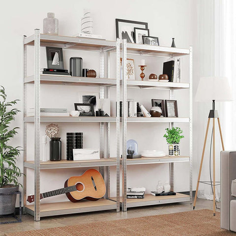 Rootz Storage Rack - Set Of 2 Storage Rack - Standing Shelf - Metal Shelf - 5 Shelves Storage Rack - Free-Standing Shelving Unit - Steel/E1 Grade MDF - Silver - 180 x 90 x 40 cm