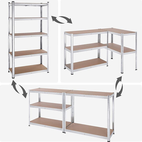 Rootz Storage Rack - Set Of 2 Storage Rack - Standing Shelf - Metal Shelf - 5 Shelves Storage Rack - Free-Standing Shelving Unit - Steel/E1 Grade MDF - Silver - 180 x 90 x 40 cm