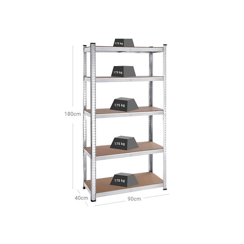 Rootz Storage Rack - Set Of 2 Storage Rack - Standing Shelf - Metal Shelf - 5 Shelves Storage Rack - Free-Standing Shelving Unit - Steel/E1 Grade MDF - Silver - 180 x 90 x 40 cm