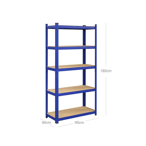 Rootz Storage Rack - Standing Shelf - Metal Shelf - With 5 Adjustable Shelves - Free-Standing Shelving Unit - Steel/E1 grade MDF - Blue - 180 x 90 x 40 cm